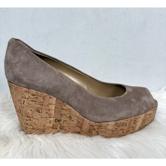 Stuart Weitzman Anna Peep Toe Suede Wedges 8 Brown Slip On Cork Platform Pumps - Picture 7 of 11